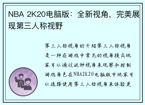 NBA 2K20电脑版：全新视角，完美展现第三人称视野